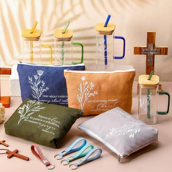 Christian Gift Set Women Glass Cups Makeup Bag Keychains Inspirational - Picture 2 of 7